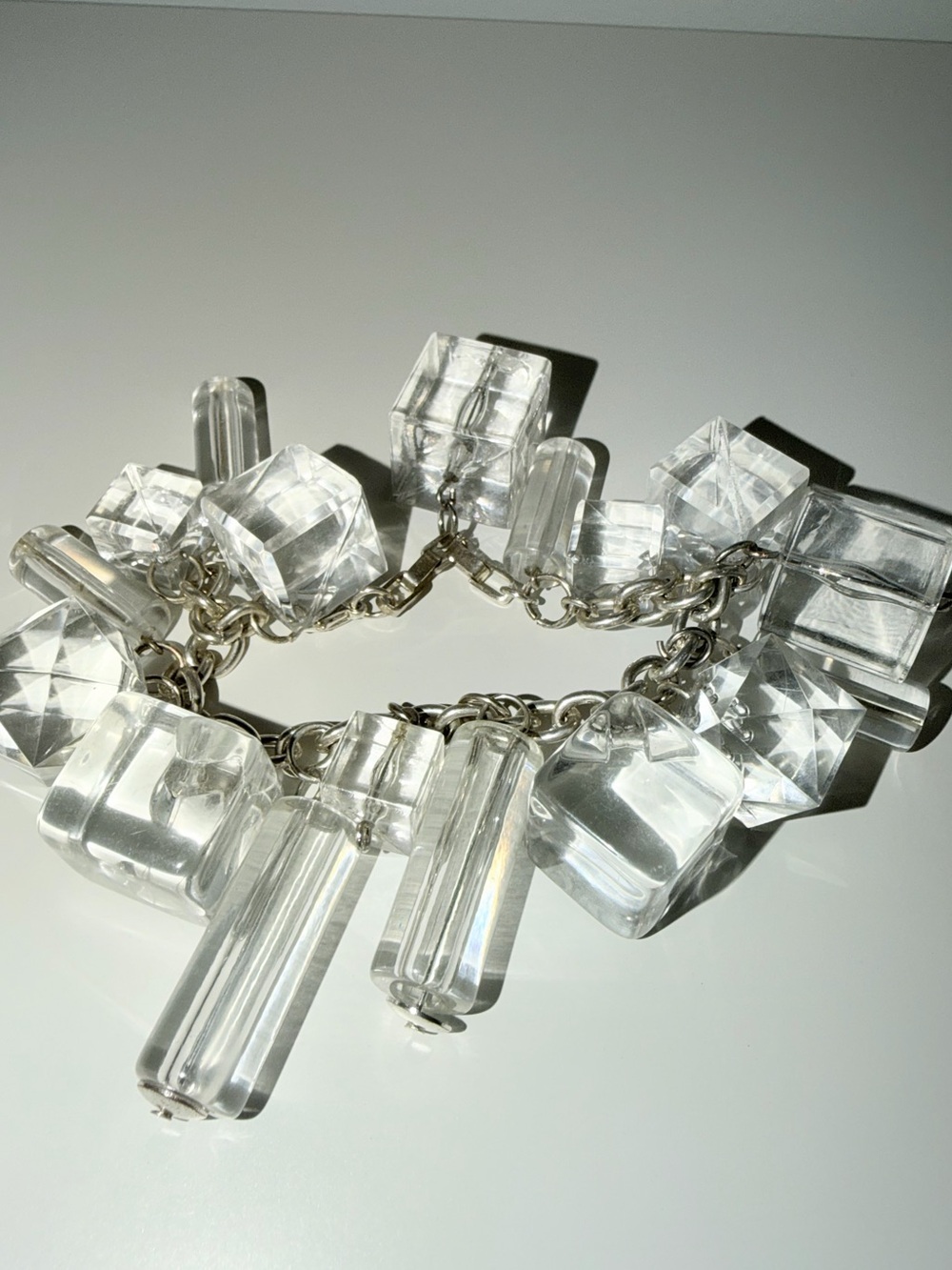 Vintage Clear Lucite Crystal Cube & Bar Charm Statement Bracelet